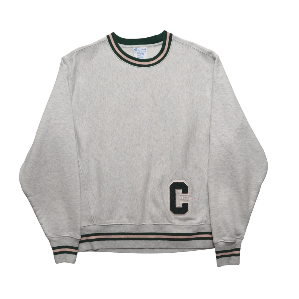 Champion Reverse Weave Pullover Mens Medium Gray Varsity Chenille C Patch